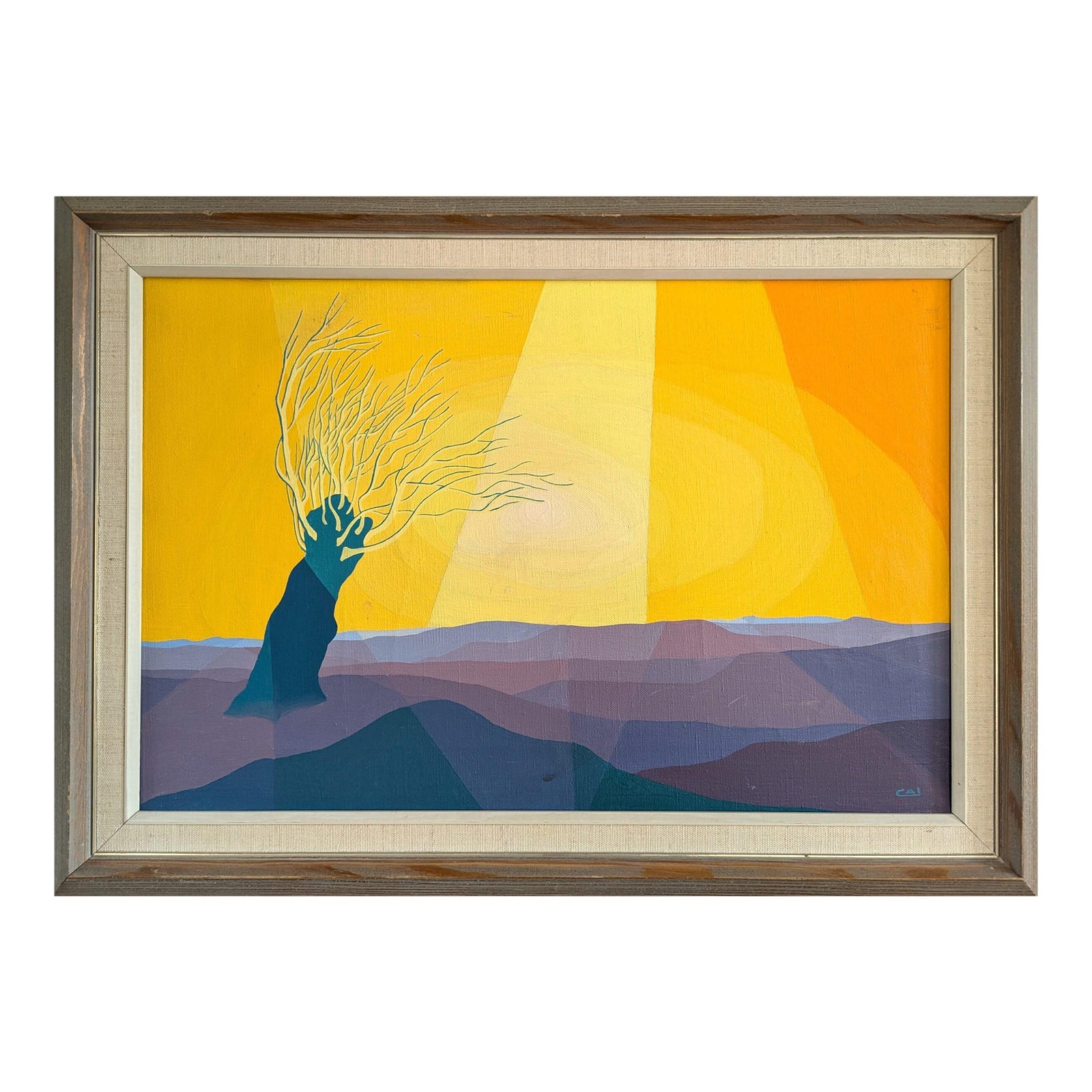 Mid-Century Modern 'Sunlit Tree' Vintage Original Landscape Oil