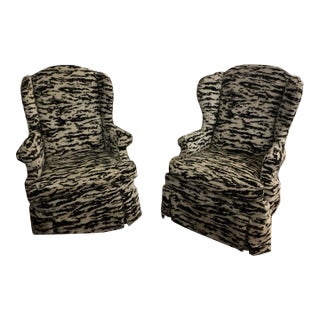 Pair of Antique Wing Chairs, Not Identical Upholstered in F.Schumacher Serengeti Fabric For Sale