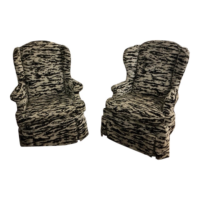 Pair of Antique Wing Chairs, Not Identical Upholstered in F.Schumacher Serengeti Fabric For Sale