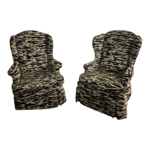 Pair of Antique Wing Chairs, Not Identical Upholstered in F.Schumacher Serengeti Fabric