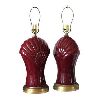 Pair of 1970s Art Deco Revival Burgundy Glass Shell Lamps For Sale