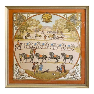 Authentic Framed Hermès Silk Scarf Présentation De Chevaux Created by Philippe Ledoux in 1970 – Large 36.5” Luxury Wall Art Framed For Sale