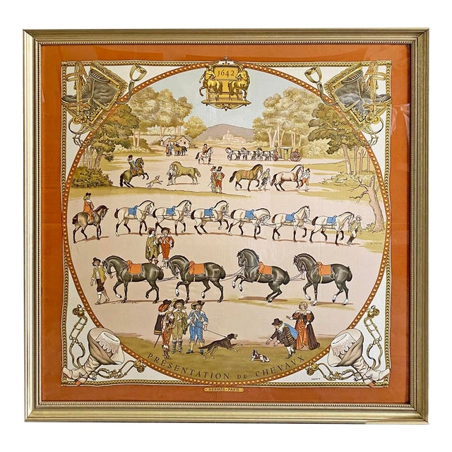 Authentic Framed Hermès Silk Scarf Présentation De Chevaux Created by Philippe Ledoux in 1970 – Large 36.5” Luxury Wall Art Framed For Sale