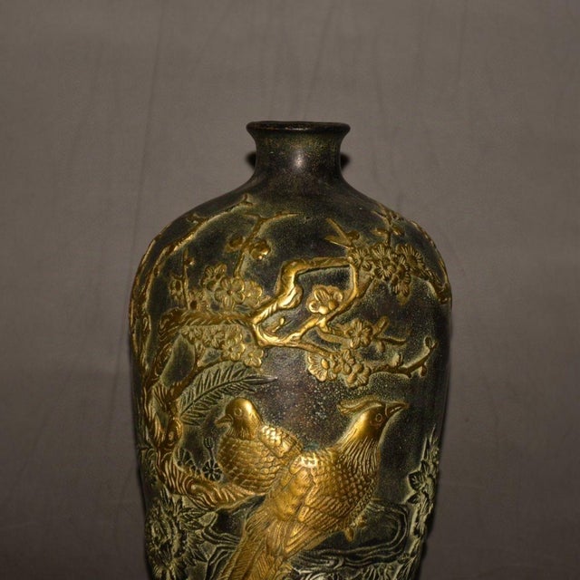 Metal Vintage Chinese Gilt Bronze Vase With Bird & Floral Relief For Sale - Image 7 of 9
