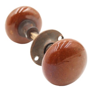 Vintage Reddish Brown Ceramic Passage Door Knob Set For Sale
