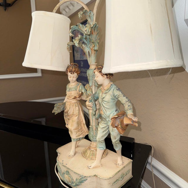 Louis Moreau Antique L & F Moreau Figural Double-Light Lamp Collection Francaise - French Renaissance Style With Original Shades Lamp. Foundry Mark. For Sale - Image 4 of 18