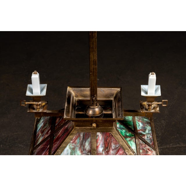 Arts & Crafts Slag Glass Parlor Lamp With Keyed Sconces For Sale - Image 4 of 11