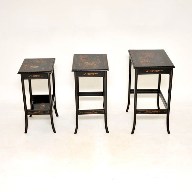 1900 - 1909 Antique Edwardian Lacquered Chinoiserie Nesting Tables, 1900, Set of 3 For Sale - Image 5 of 12