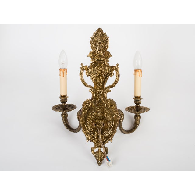 1950s Spanish Rococo Chased Brass 2-Light Wall Sconce For Sale - Image 9 of 11