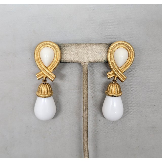Vintage 1980s Signed Givenchy Goldtone White Drop Clip Earrings-2 Pieces For Sale In Philadelphia - Image 6 of 7