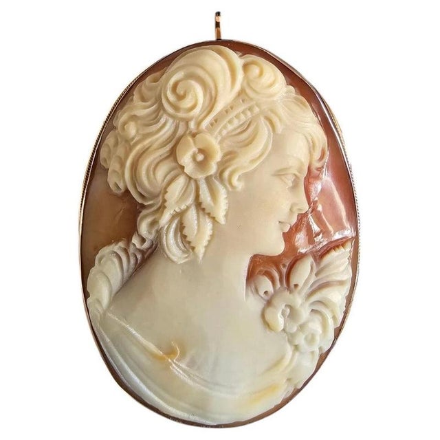 Italian Neapolitan Gold Carved Shell Cameo Brooch Pendant, 1988 For Sale - Image 17 of 17