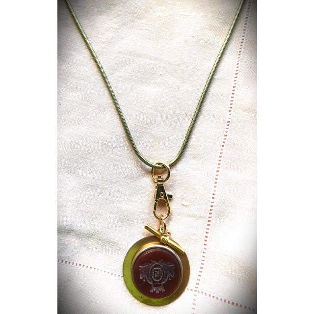 Oxblood Red Antique Carved Carnelian Gold Round Pendant Necklace, Initial "F", Snake Chain, Toggle For Sale - Image 8 of 12
