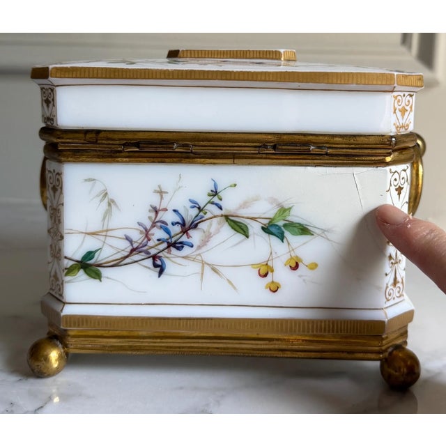Vintage or Antique Possibly 19th Century White Opaline Glass Jewelry Casket Box Hand Painted Floral Decor & Gilt Bronze 6.25"x4.75"x5.25"h For Sale - Image 17 of 18