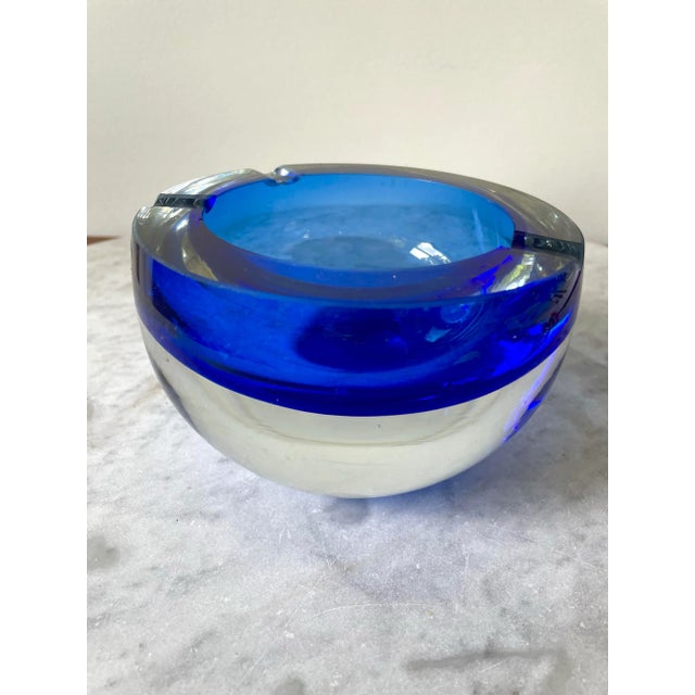Stunning, mid-century modern Marano glass ashtray. Cobalt blue and clear base.
