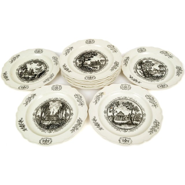 A beautiful and complete set of twelve mid-century English Wedgwood transferware plates created for the Williamsburg...