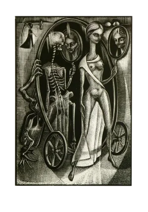 Paul Koch, Female Figure and Skeletal Woodcut