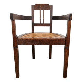Art Nouveau Deco Armchair in Rattan Webbing, Oak and Copper, 1920s For Sale