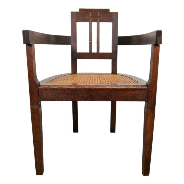 Art Nouveau Deco Armchair in Rattan Webbing, Oak and Copper, 1920s For Sale