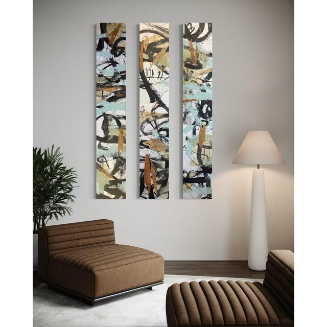 Christiane Corcelle "Whispers of the Forest 5" Mixed Media on Canvas, Tall Narrow Abstract Painting in Sage, Aqua and Black, 2024 For Sale - Image 9 of 9