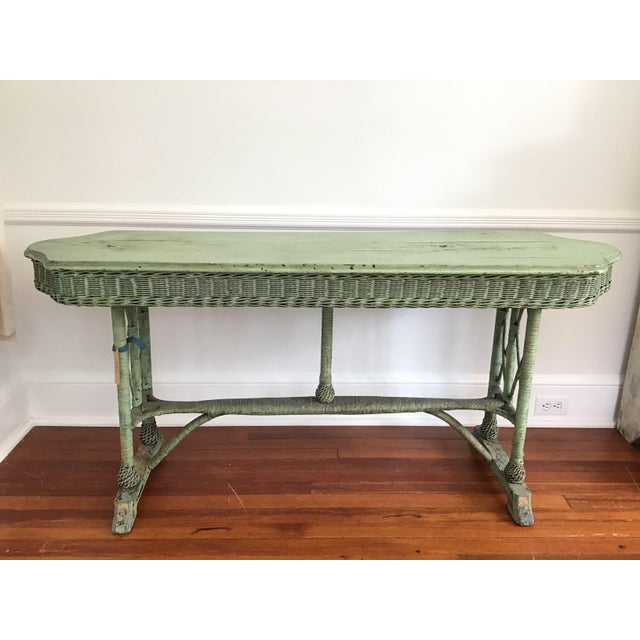 Vintage Boho Chic Green Wicker Console Table Chairish