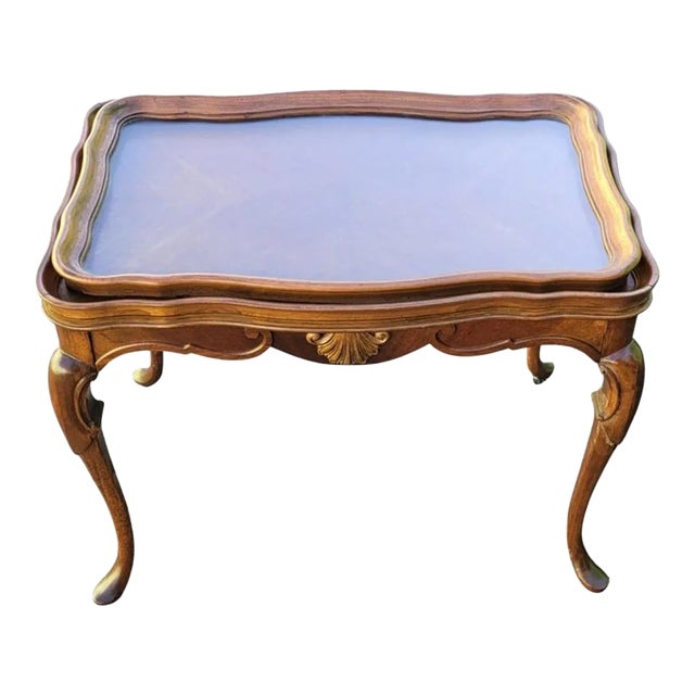 1940s George III Style Carved Rectangular Mahogany Glass Tray Top Side Table For Sale