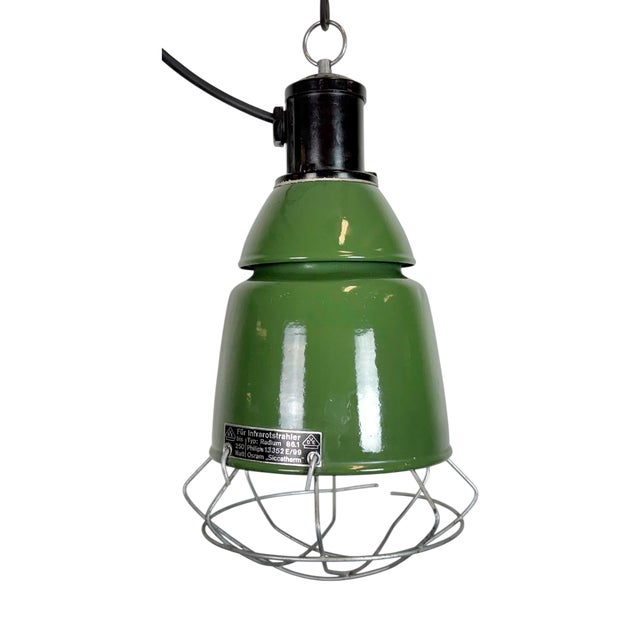 Industrial Green Enamel Cage Pendant Lamp from Philips, 1960s For Sale