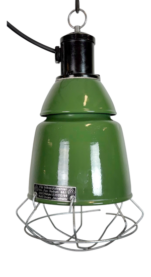 Industrial Green Enamel Cage Pendant Lamp from Philips, 1960s