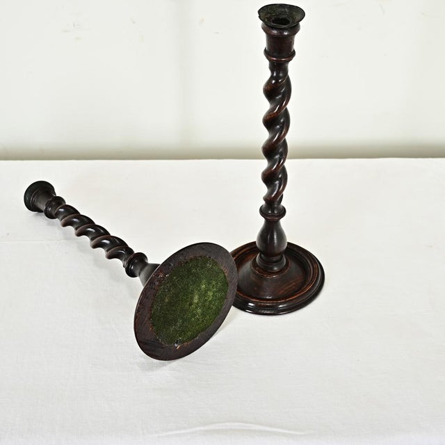 Wood English Pair of 19th Century Oak Barley Twist Candlesticks For Sale - Image 7 of 8
