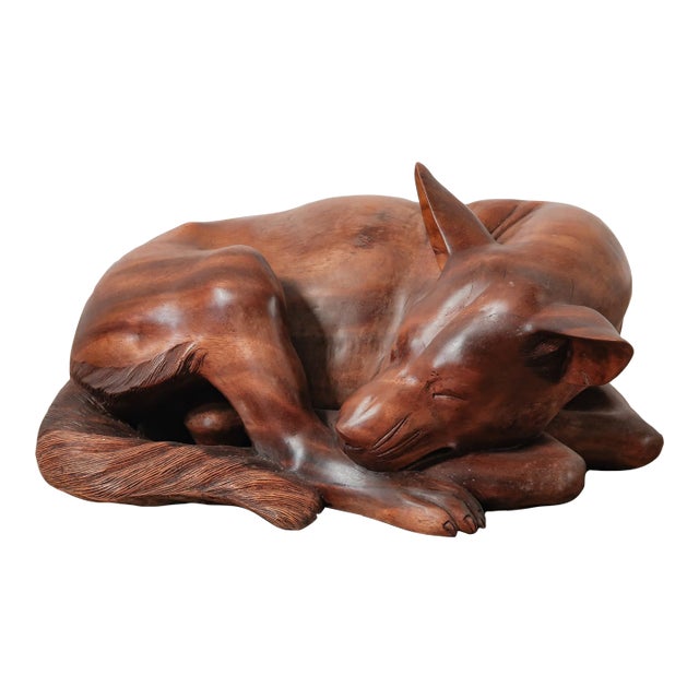 Hand-Carved Wooden Sleeping Dog Sculpture in Curled Resting Pose For Sale