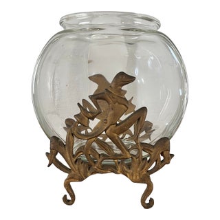 Vintage Sculptural Cast Iron Gilt Fishbowl With Artistic Frog and Foliage Design For Sale
