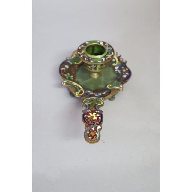 Late 19th Century 19th-Century French Champlevé Enamel Gilt Brass Candleholder With Green Onyx Inset For Sale - Image 5 of 8