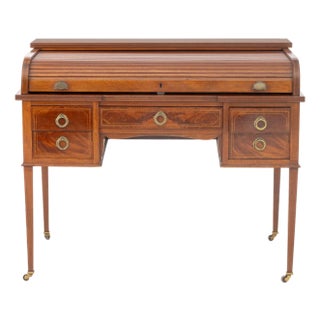 Edwardian Mahogany Inlaid Tambour Cylinder Desk For Sale