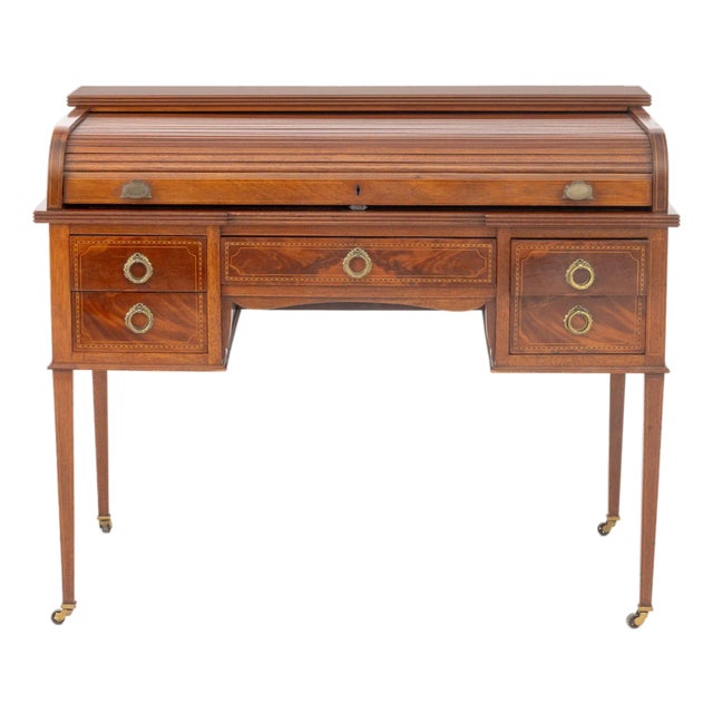 Edwardian Mahogany Inlaid Tambour Cylinder Desk For Sale