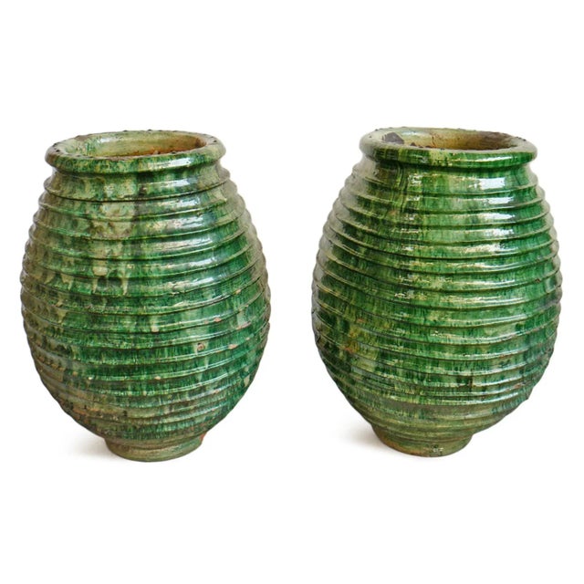 Moroccan Green Ribbed Ceramic Pottery For Sale - Image 4 of 7