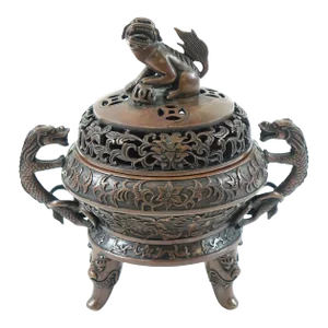 18th Century Antique Chinese Bronze Tripod Urn With Foo Dog