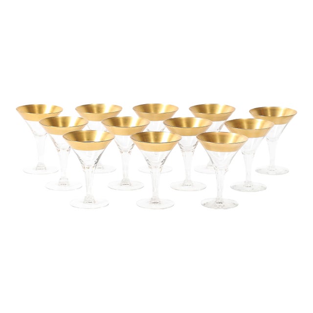 Set of 12 Mid-Century Modernist Gilt Rimmed Coupe Glasses by Dorothy Thorpe For Sale