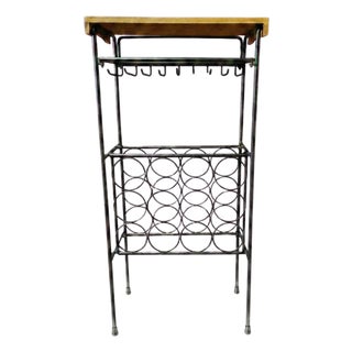 Vintage Mid-Century Modern Wrought Iron Wine Rack & Bar in the Style of Arthur Umanoff, With Detachable Bamboo Cheese Board For Sale