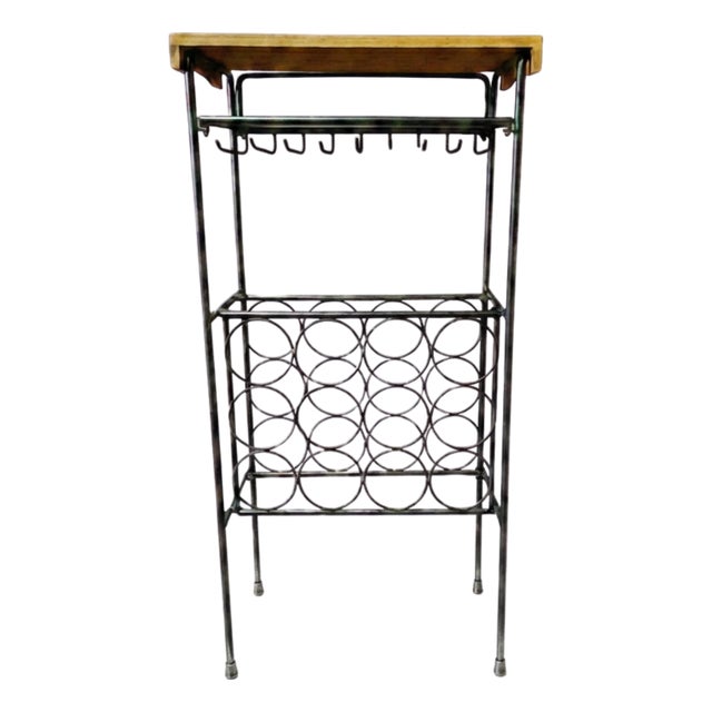 Vintage Mid-Century Modern Wrought Iron Wine Rack & Bar in the Style of Arthur Umanoff, With Detachable Bamboo Cheese Board For Sale