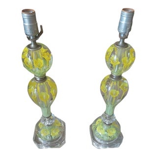 Vintage Pair of St Claire Yellow Flower Table Lamps For Sale