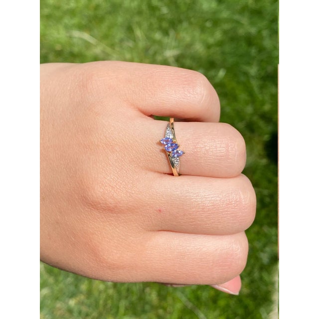 Gold The Aubrieta: Ladies Simple Yellow Gold Tanzanite and Diamond Ring For Sale - Image 8 of 8