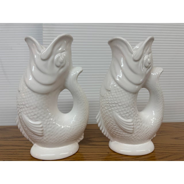 Ceramic Gluggle Fish-Shaped Jugs, Pair For Sale - Image 7 of 12