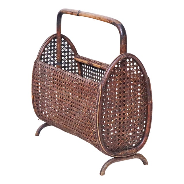 Art Deco Newspaper Rack in Handcrafted Wicker and Bamboo, 1940s For Sale
