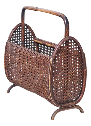 Art Deco Newspaper Rack in Handcrafted Wicker and Bamboo, 1940s
