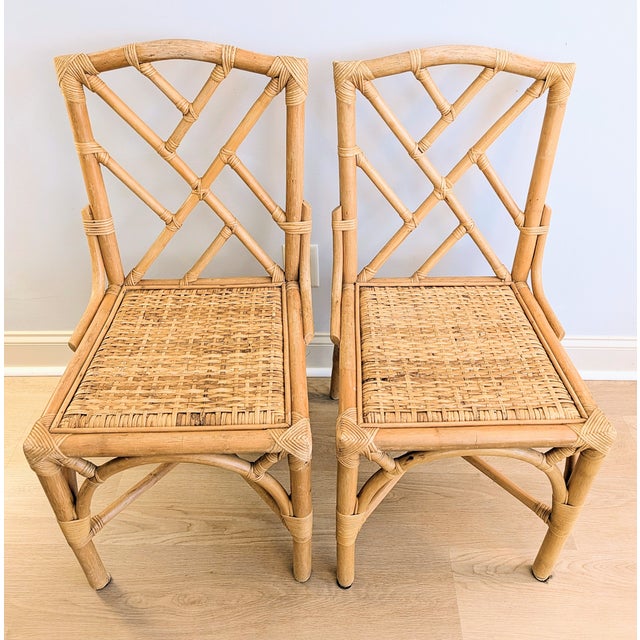 Chippendale Vintage Chippendale Bamboo Rattan Chair Pair Natural Fretwork For Sale - Image 3 of 16