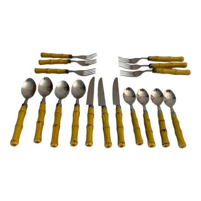 Vintage Faux Bamboo & Stainless Steel Flatware - 17 Pieces For Sale