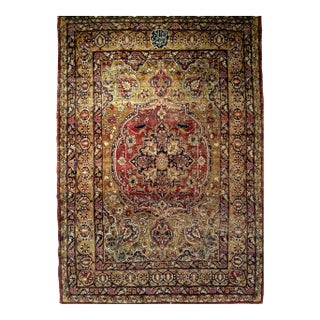 19Th Century Kerman Lavar Rug, Handwoven Medallion Floral Pattern With Silk Highlights, Gold & Red, 4’ X 6’ For Sale