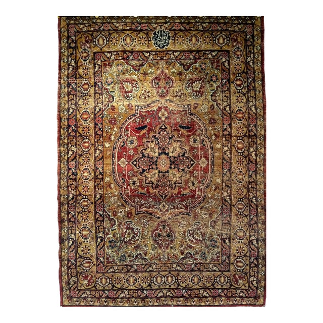 19Th Century Persian Kerman Lavar Rug, Handwoven Medallion Floral Pattern With Silk Highlights, Gold & Red, 4’ X 6’ For Sale