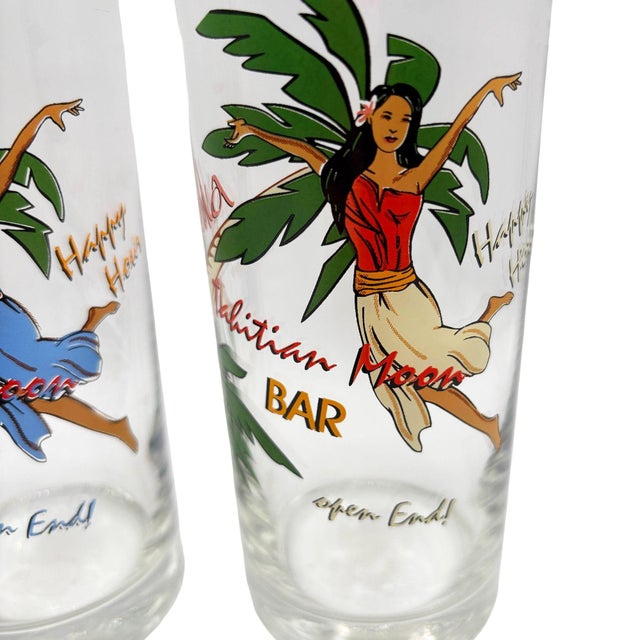 1990s Tiki Hula Girl Hawaiian High Ball Bar Drinking Glass Tahitian Moon Bar, Set of 3 For Sale - Image 4 of 9