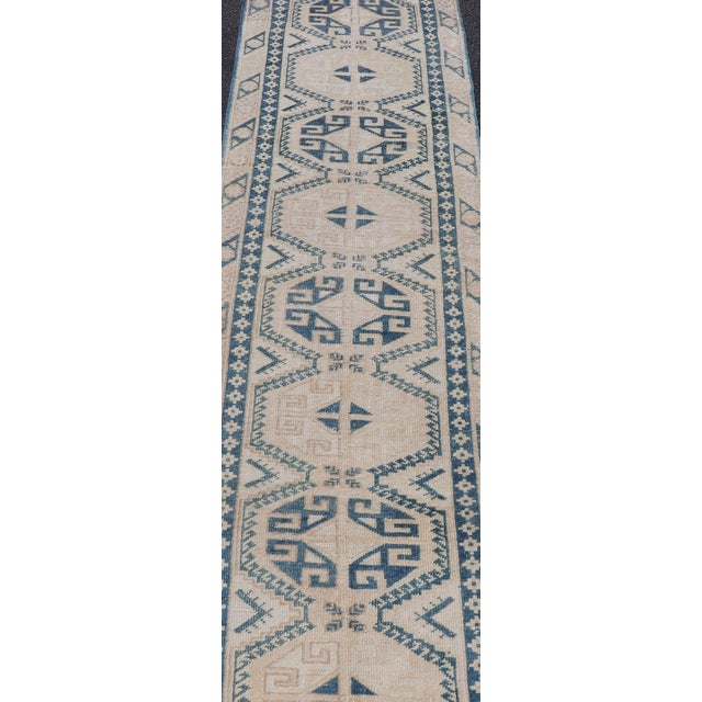 Vintage Oushak Turkish Runner with Geometric Design in Blue, Tan, and Blush. Keivan Woven Arts/ Rug EN-15277 country of...