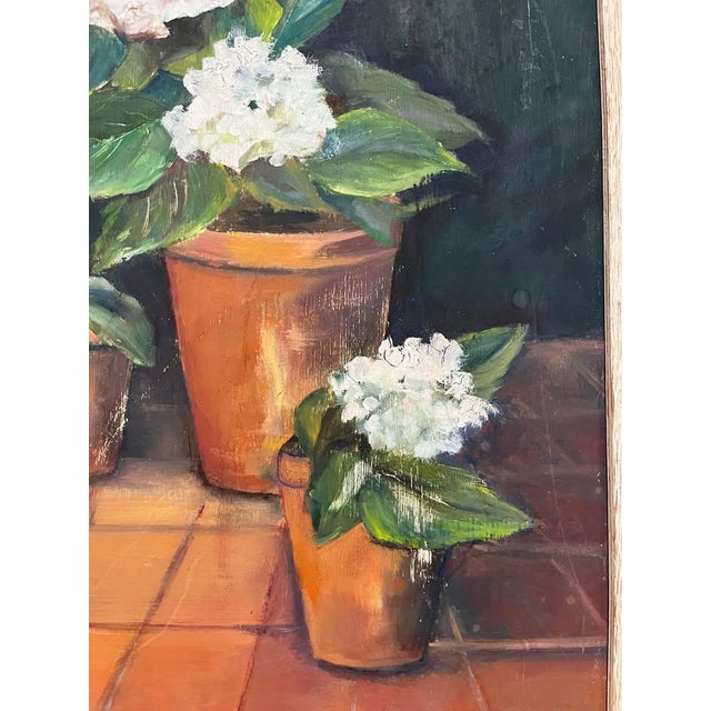 White Hydrangeas in Terracotta Pots (Original Oil, Likely, on Board) For Sale - Image 4 of 6